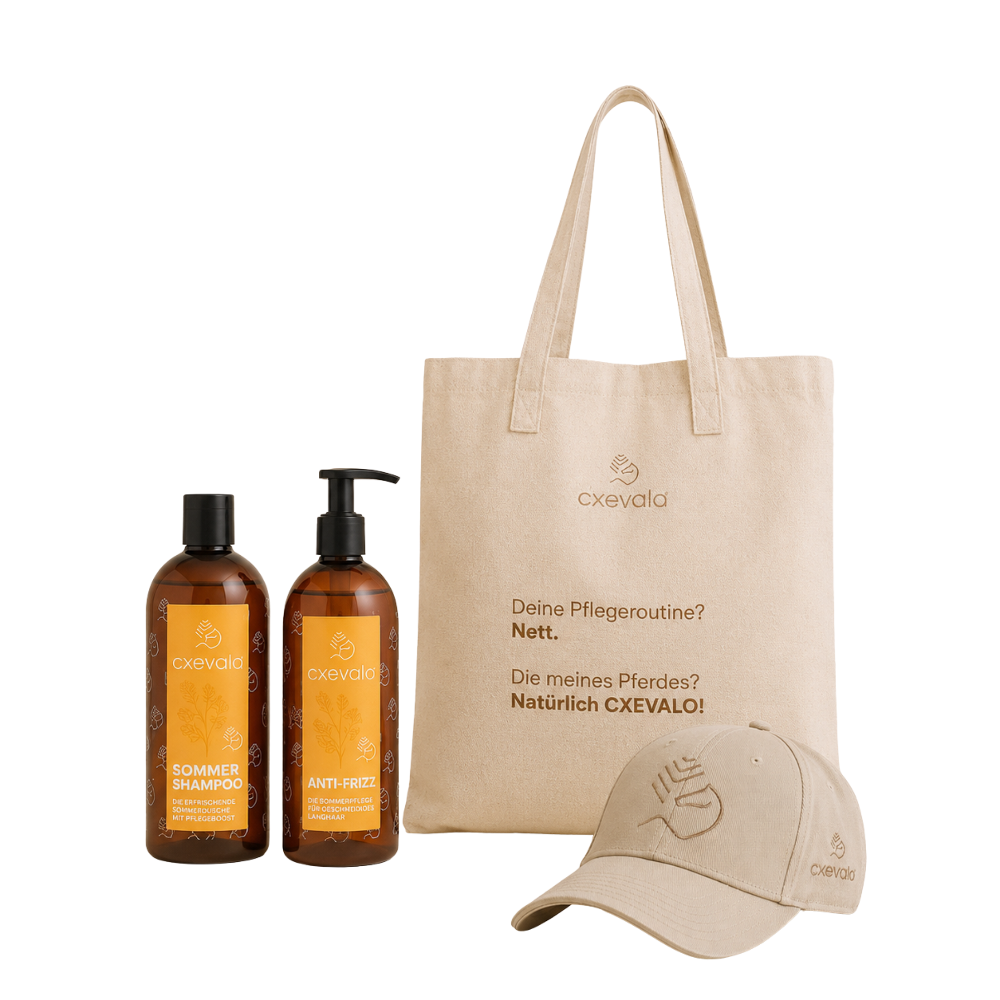 CXEVALO Sommershampoo, CXEVALO Anti-Frizz, CXEVALO Signature Cap, CXEVALO Tote Bag